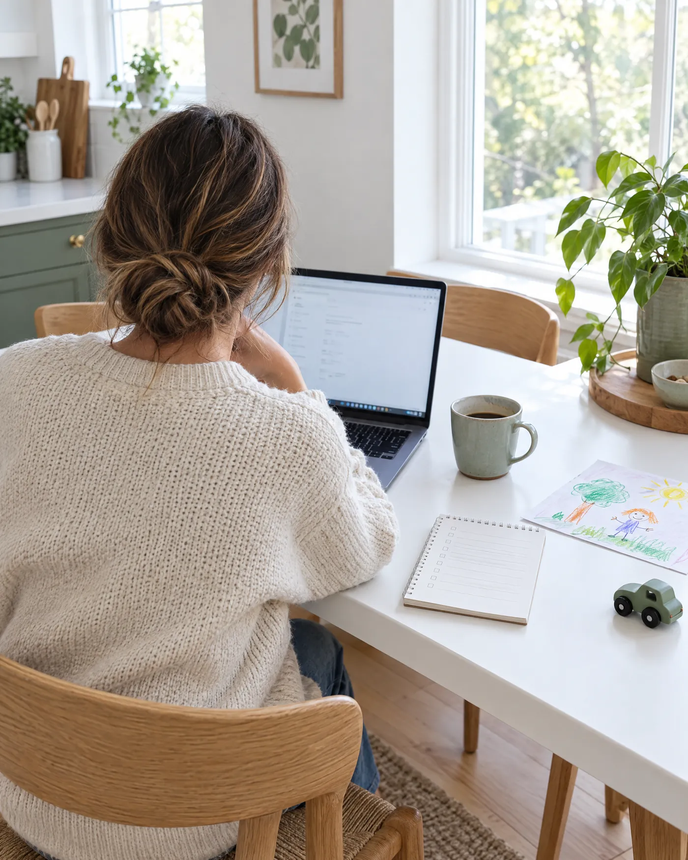 A mom working at a bright kitchen table with a coffee, a to-do list and a child's drawing