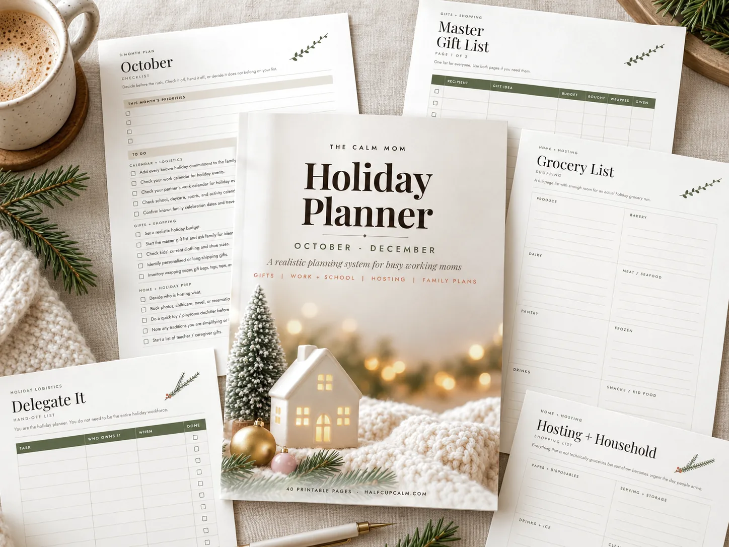 The Calm Mom Holiday Planner cover and printable pages